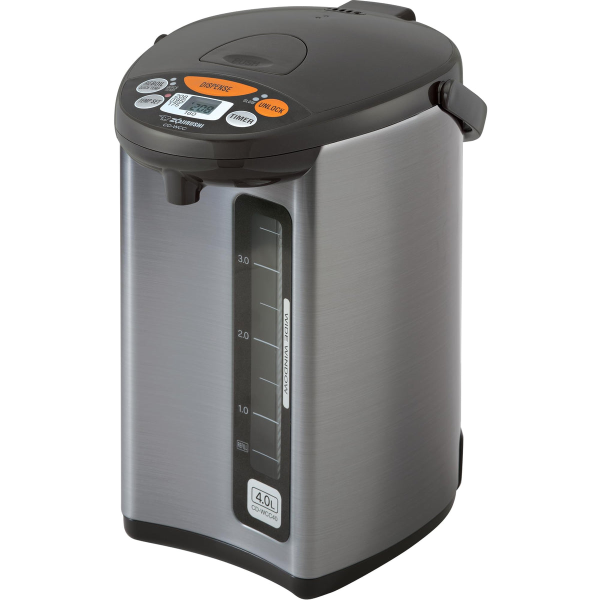 Zojirushi Micom water boiler front view with temperature display for tea and coffee prep