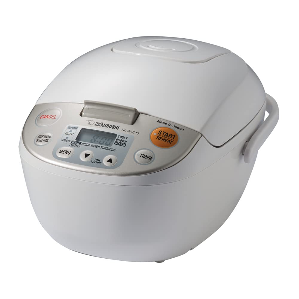 Zojirushi NL-AAC10 rice cooker with clear LCD panel for precise timing.