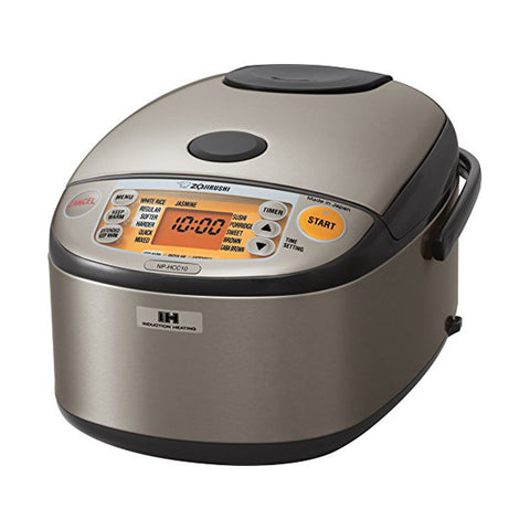 Zojirushi NP-HCC10XH control panel with orange LCD for precise timing and simple rice settings.