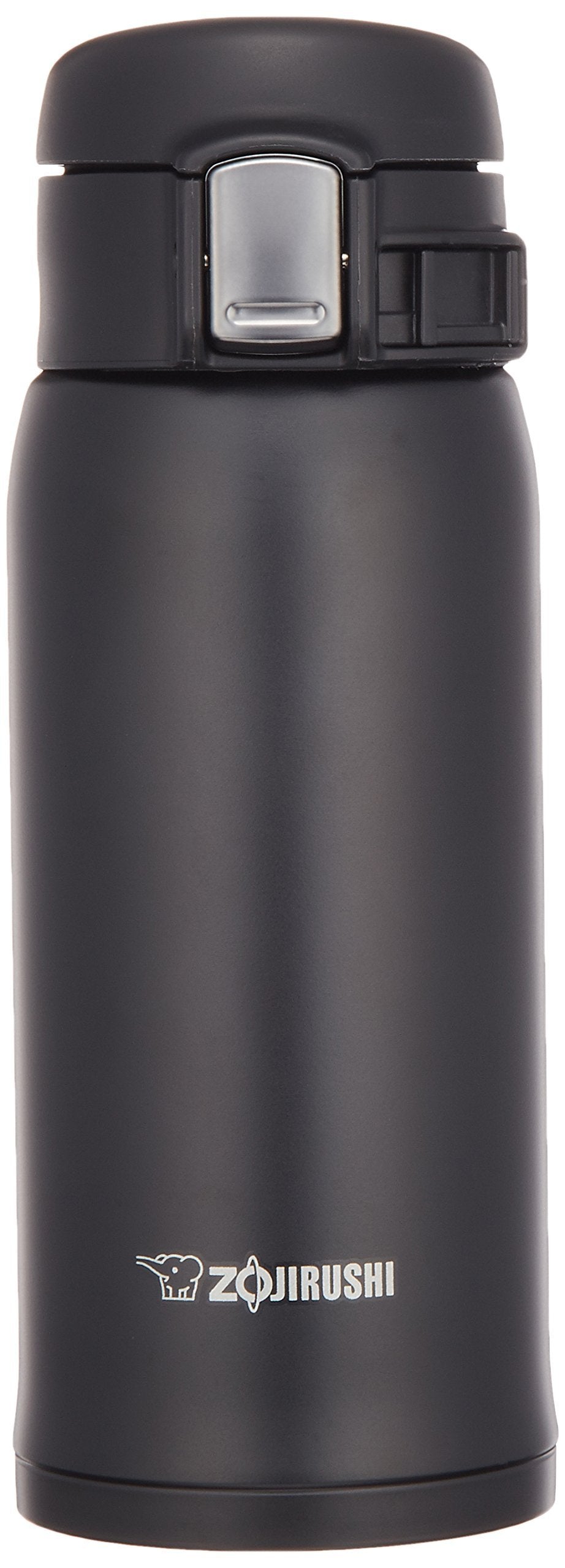 Zojirushi SM-SA36BA black stainless mug front view for on-the-go use.
