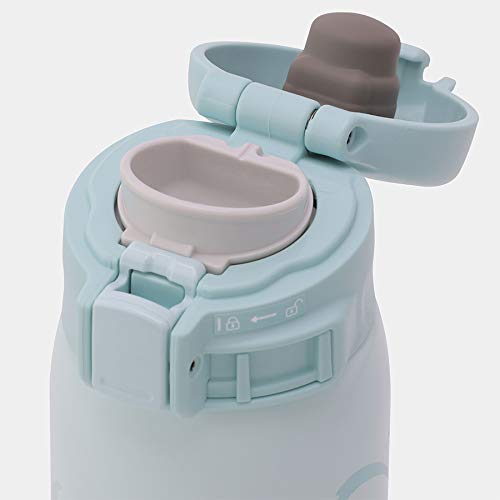 Flip-open lid with safety lock on the Zojirushi mug for travel use.