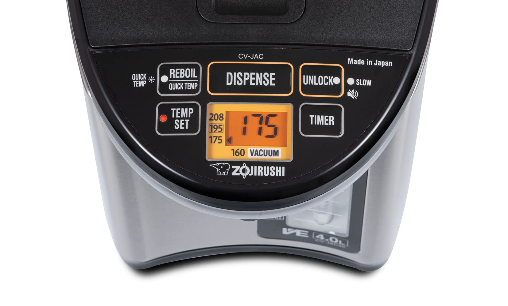 Zojirushi 4.0L control panel with temperature presets for precise brewing.