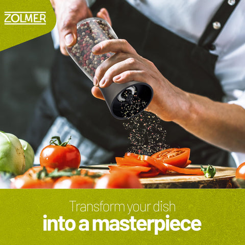 ZOLMER ceramic adjustable dial side view enables precise grind sizes for salt, pepper, and spices
