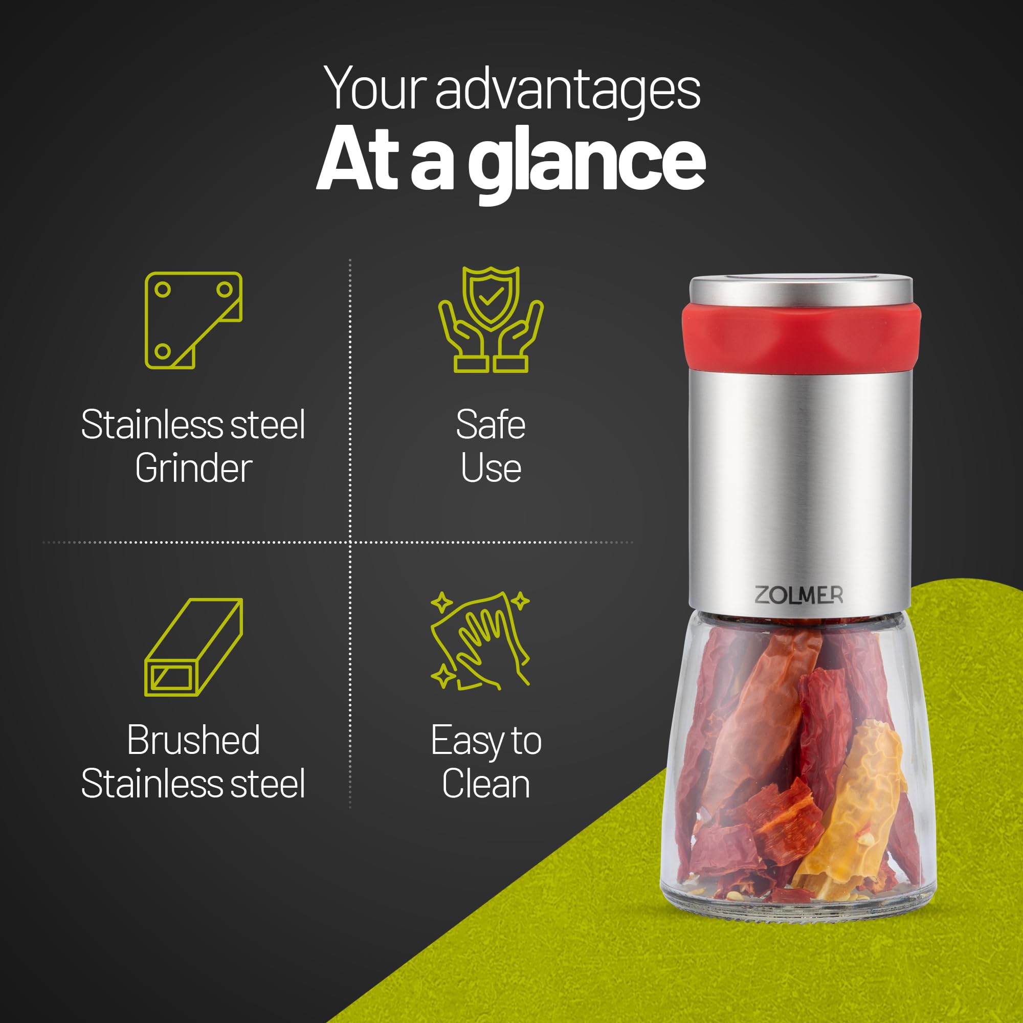 Brushed stainless steel body and transparent jar add a refined look to any counter.