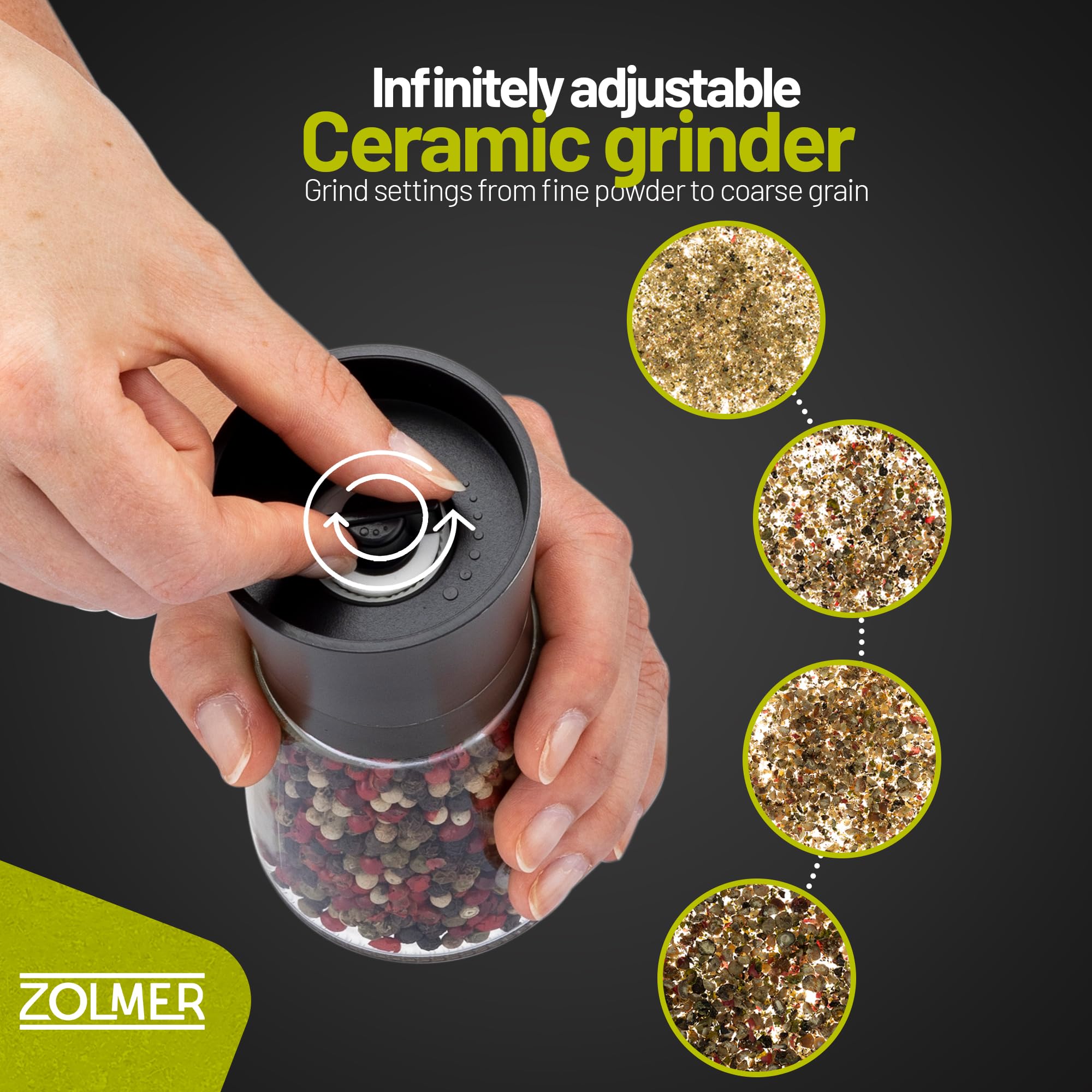 ZOLMER clear glass container close-up allows easy spice level monitoring and aroma awareness