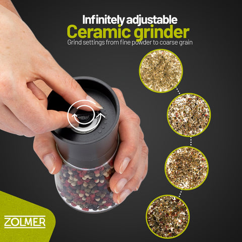 ZOLMER clear glass container close-up allows easy spice level monitoring and aroma awareness