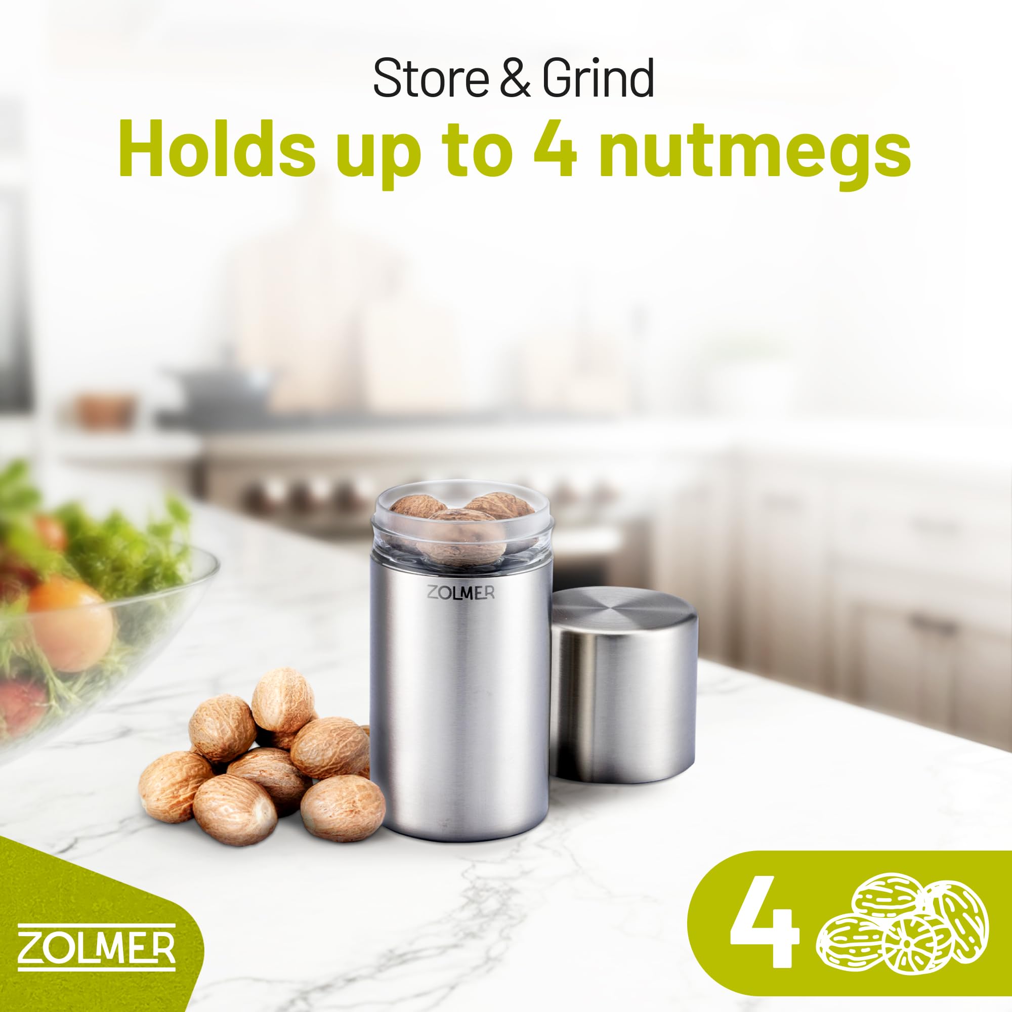 ZOLMER Nutmeg Grinder airtight container preserves aroma during kitchen prep.