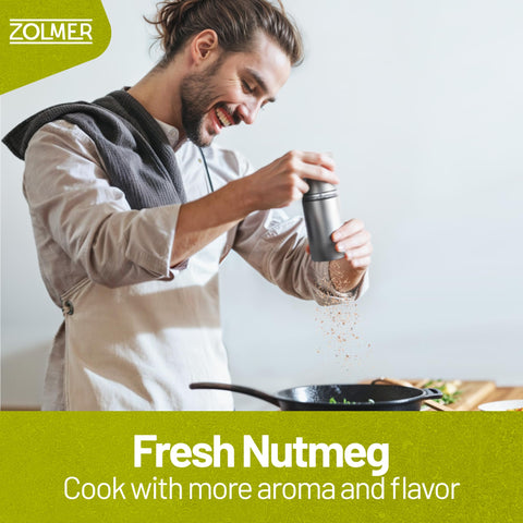 ZOLMER Nutmeg Grinder easy-fill feature speeds spice prep.