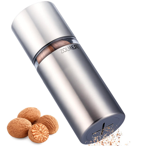 ZOLMER Nutmeg Grinder with sharp blade for finely ground spice, ideal for sauces and desserts.