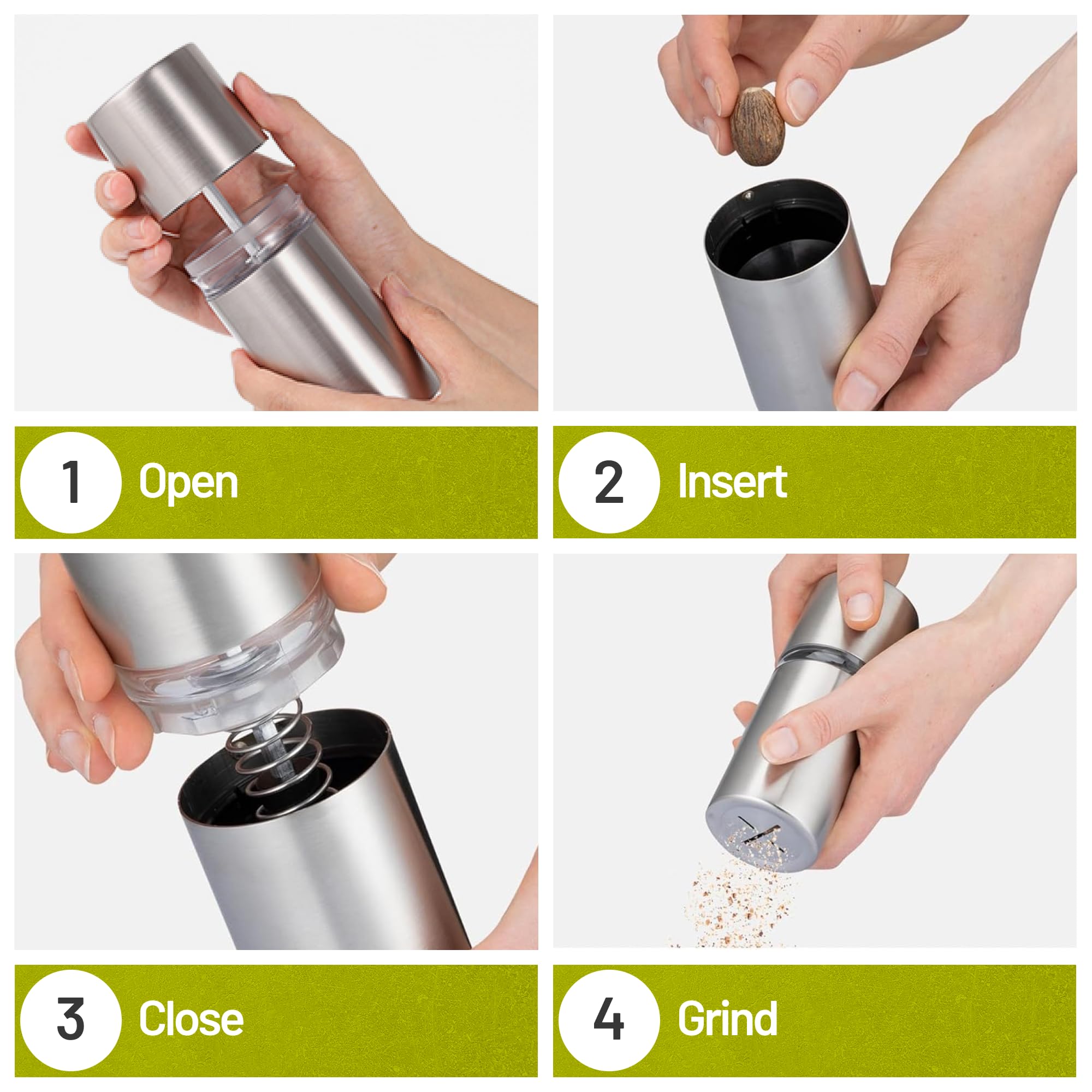 ZOLMER Nutmeg Grinder stainless steel body offers durable, easy cleaning performance.