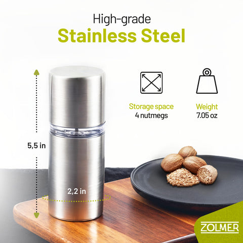 ZOLMER Nutmeg Grinder two-part design enables quick filling and cleaning.