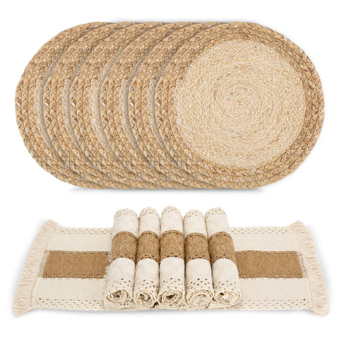 Zology square placemats set enhances rustic dining with durable protection.