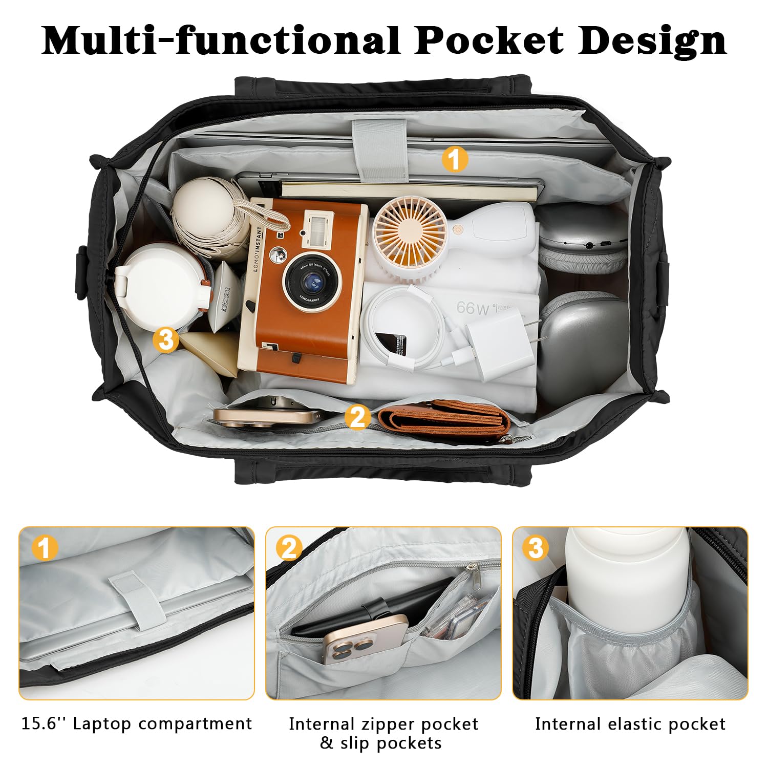 Back zip pocket and internal organizers keep essentials neatly arranged.