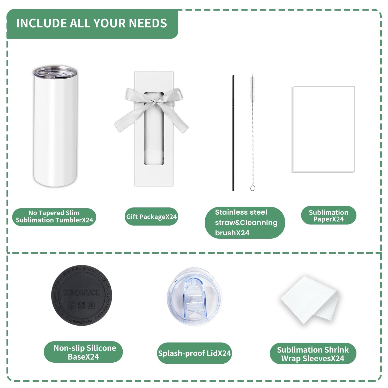 Zonegrace tumblers unboxed, showcasing bulk sublimation ready design options.