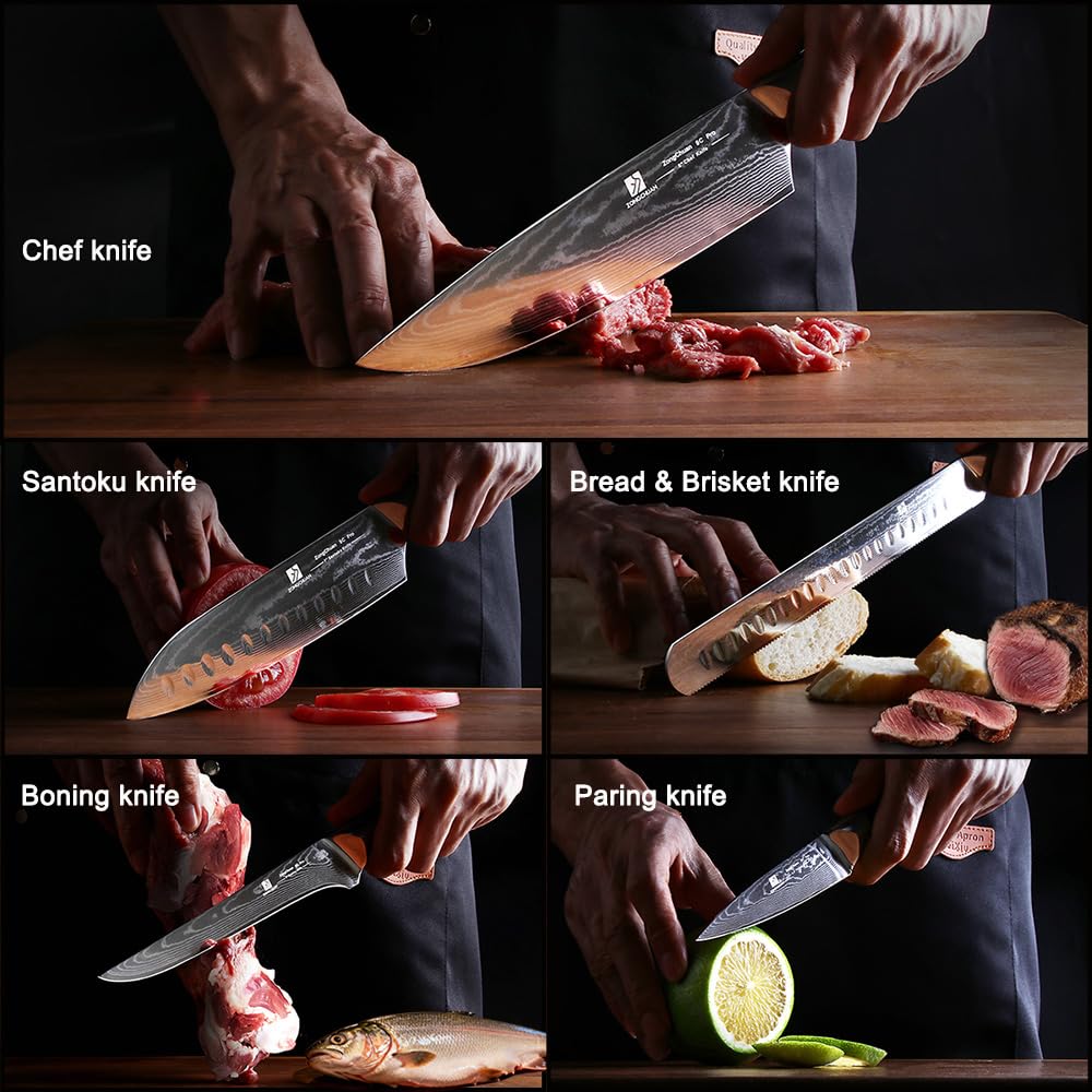 Zongchuan Damascus ergonomic-handle knife design adds comfort and control.