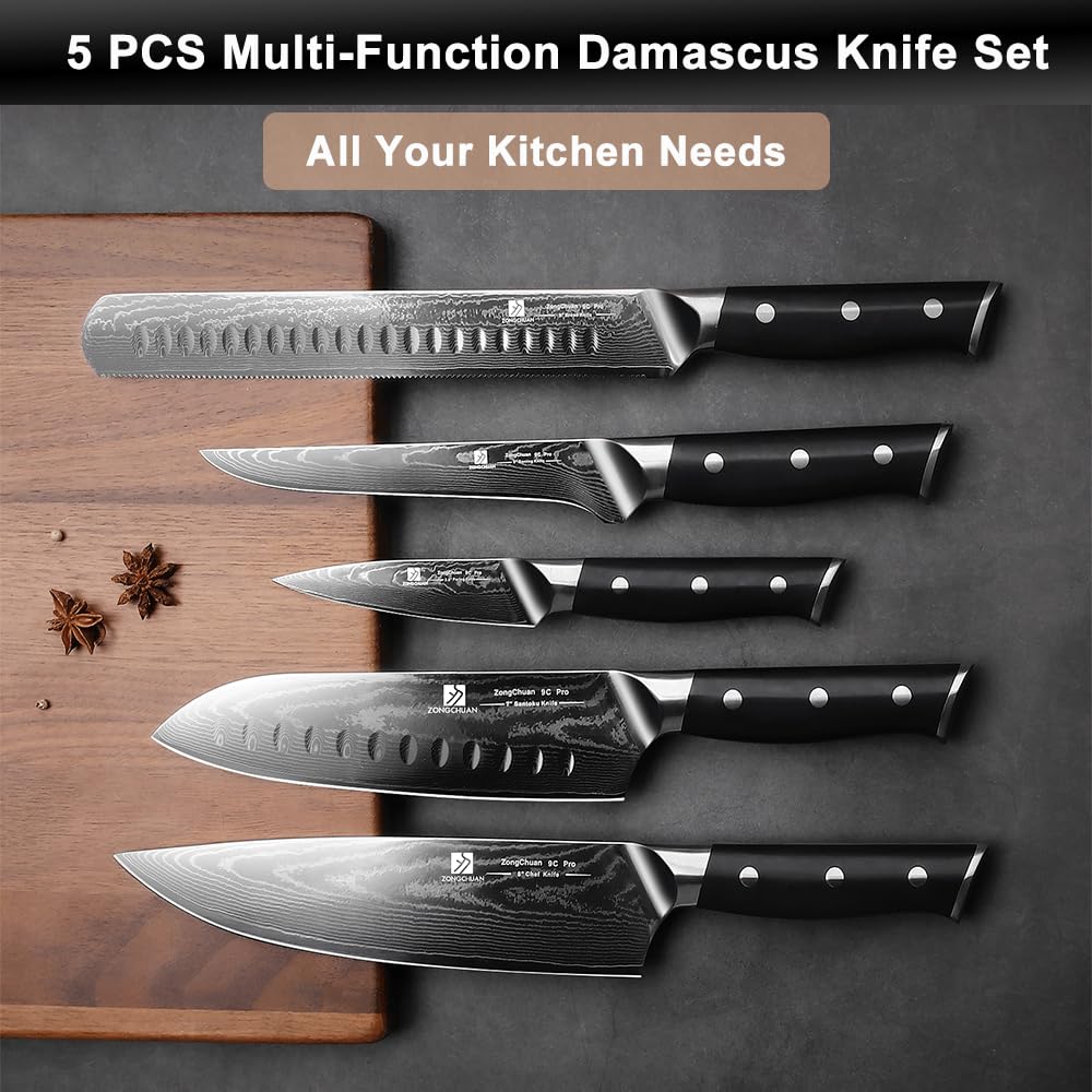 Zongchuan Damascus 9-inch serrated bread-brisket knife for clean crust slicing.
