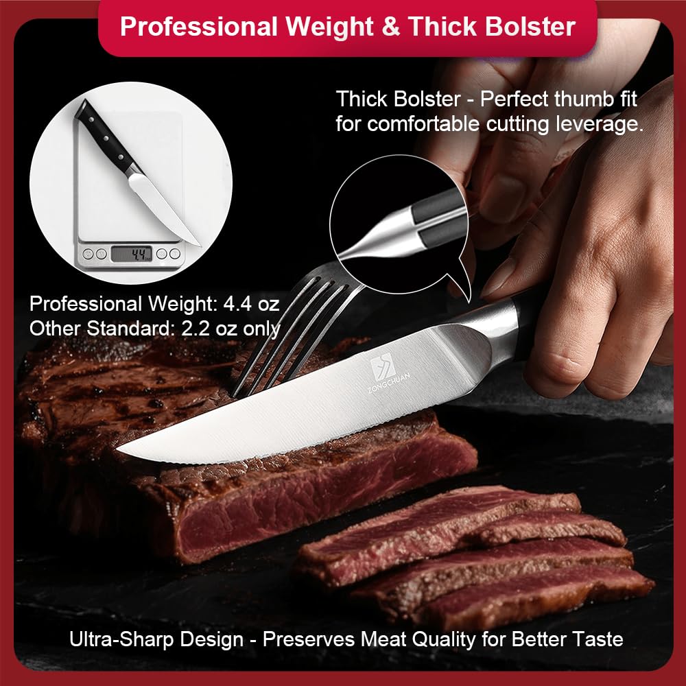 Zongchuan serrated steak knives 4.5-inch 6-pack for table-ready slices.