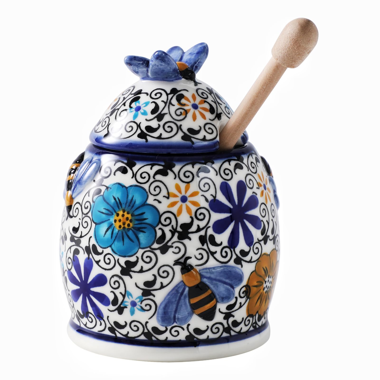 Zoobee 10oz ceramic honey jar with dipper for a smooth, mess-free pour.