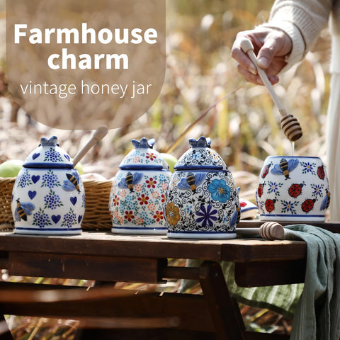 Zoobee hand-painted honey container with bee embossing adds farmhouse charm to breakfasts.