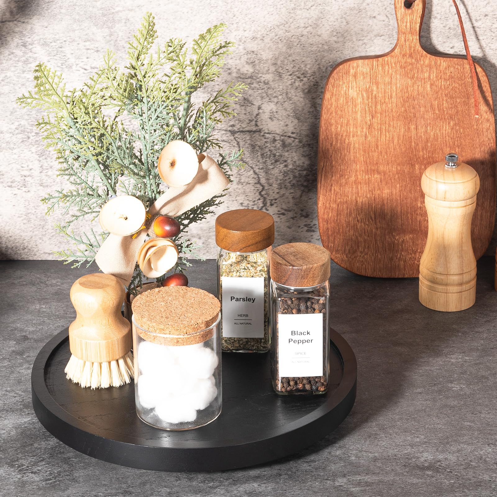 Zoocatia round decorative tray for kitchen organization of condiments.