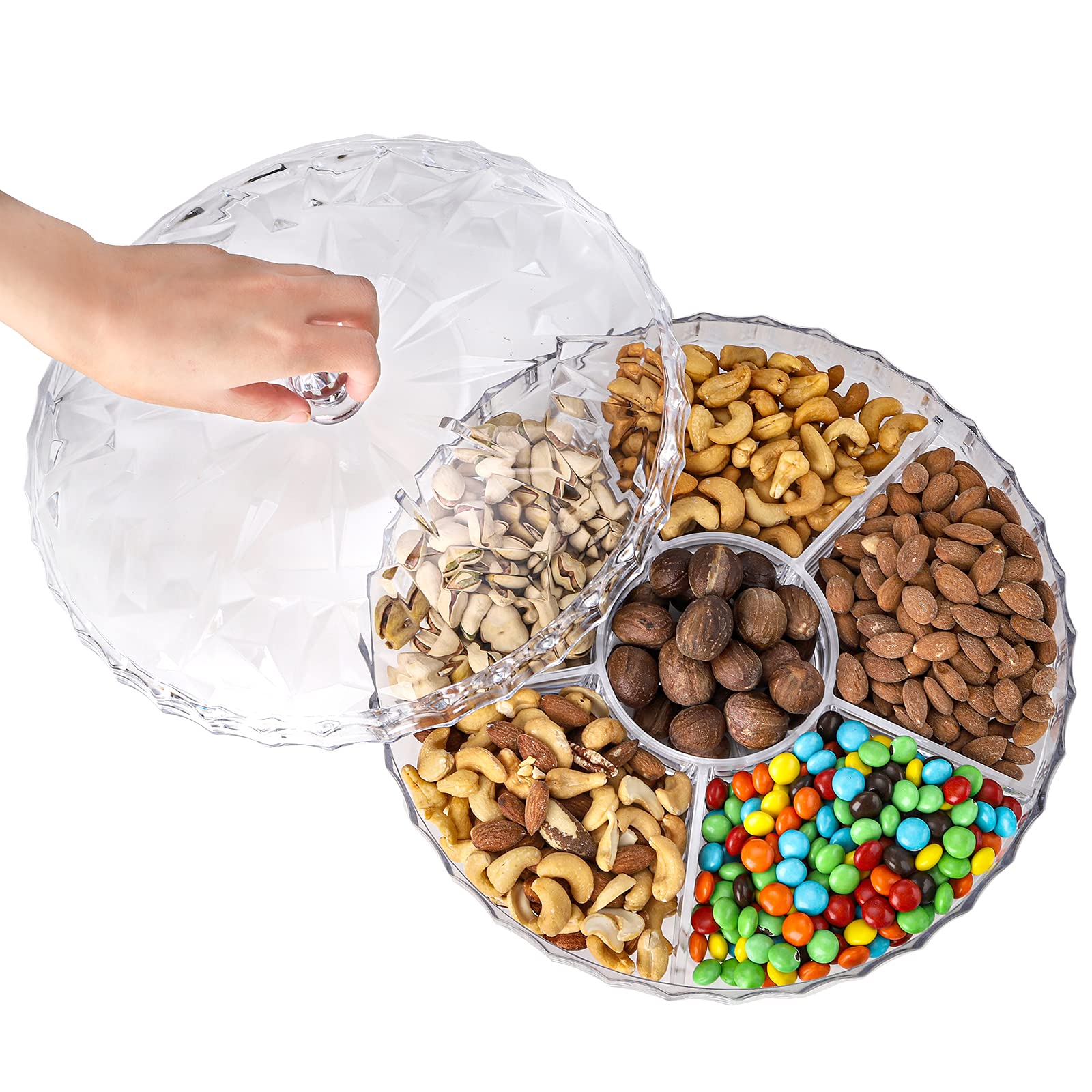ZOOFOX six-compartment organizer keeps crackers, candy, and fruits neatly separated.