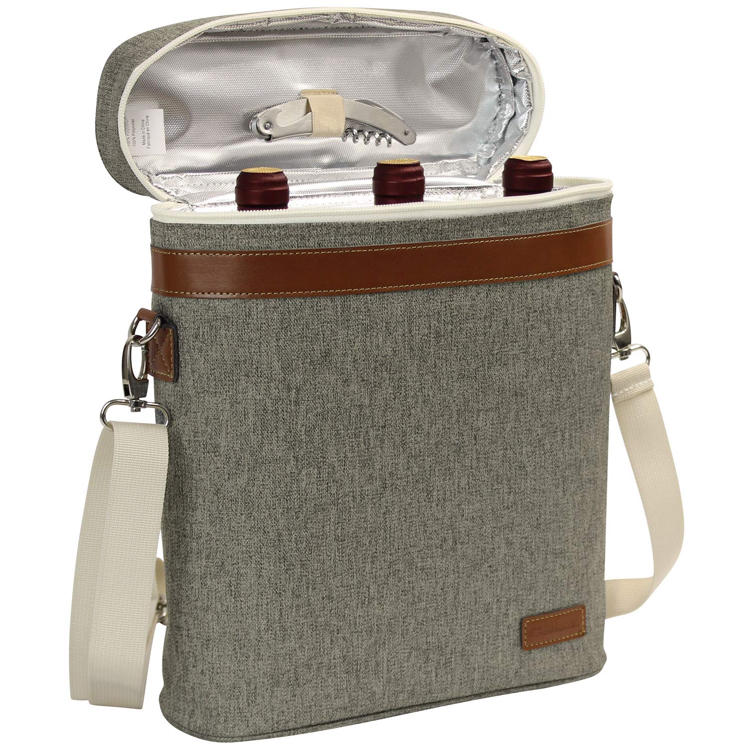 ZORMY 3-bottle insulated wine tote with corkscrew ready for outdoor use