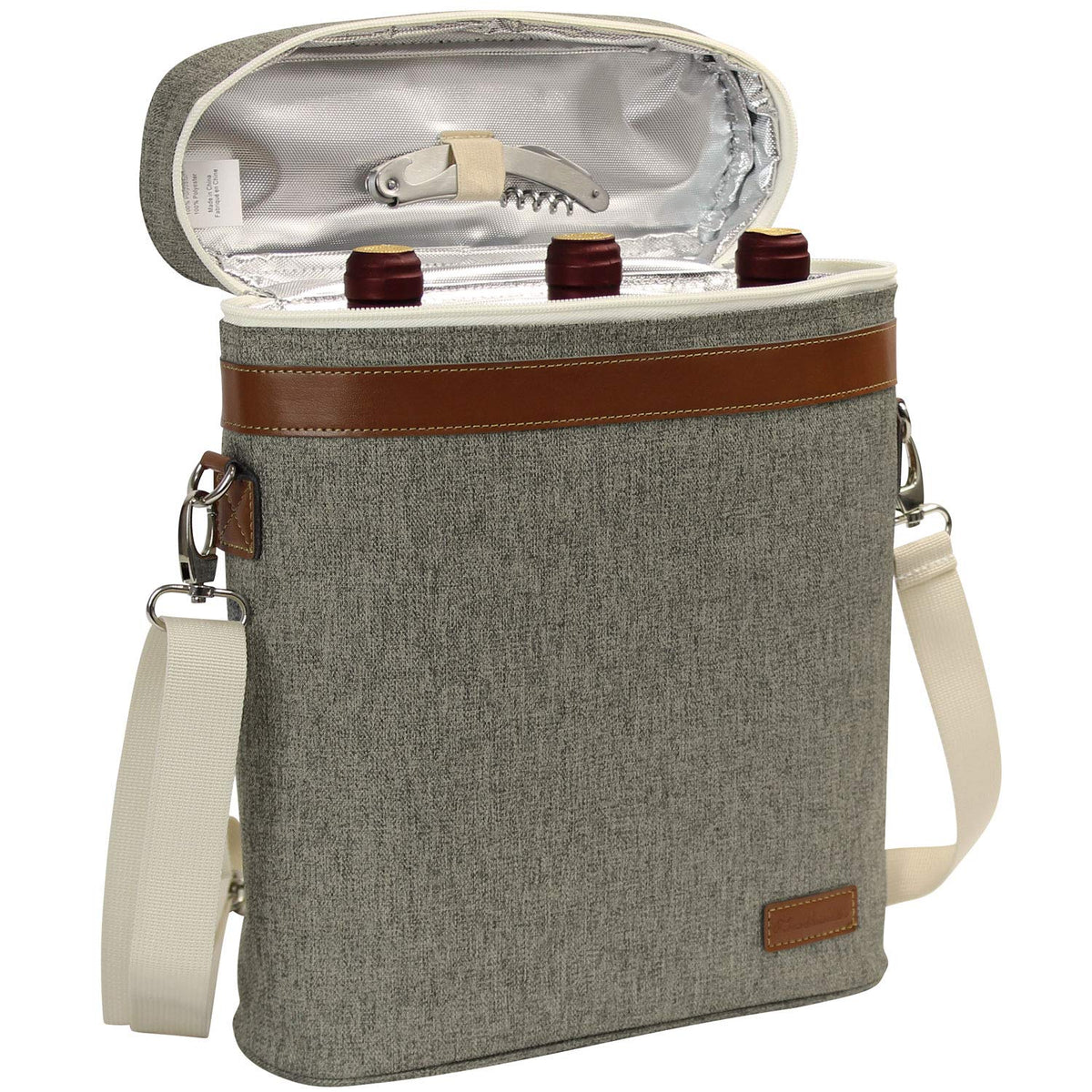 ZORMY 3-bottle insulated wine tote with corkscrew ready for outdoor use