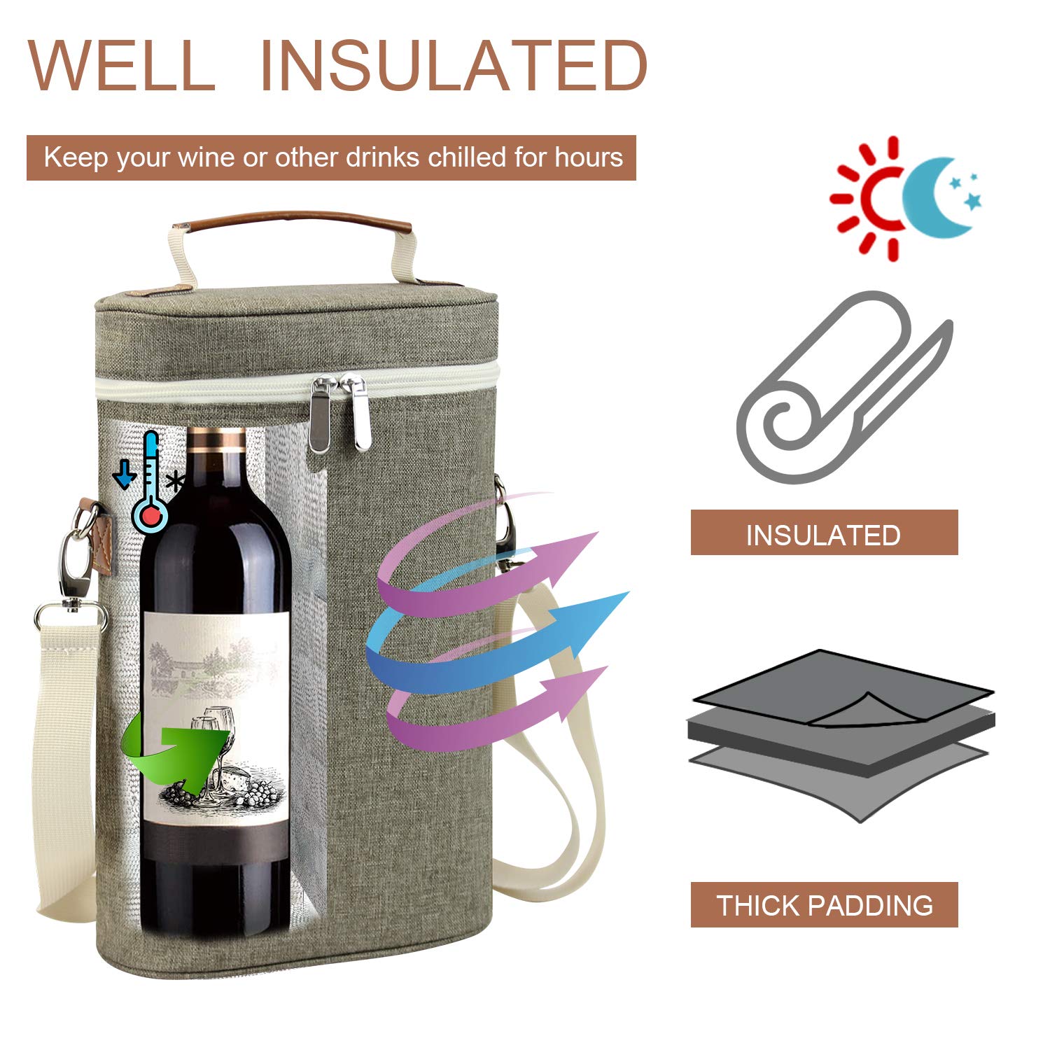 ZORMY wine tote with shoulder strap offers hands-free portability.