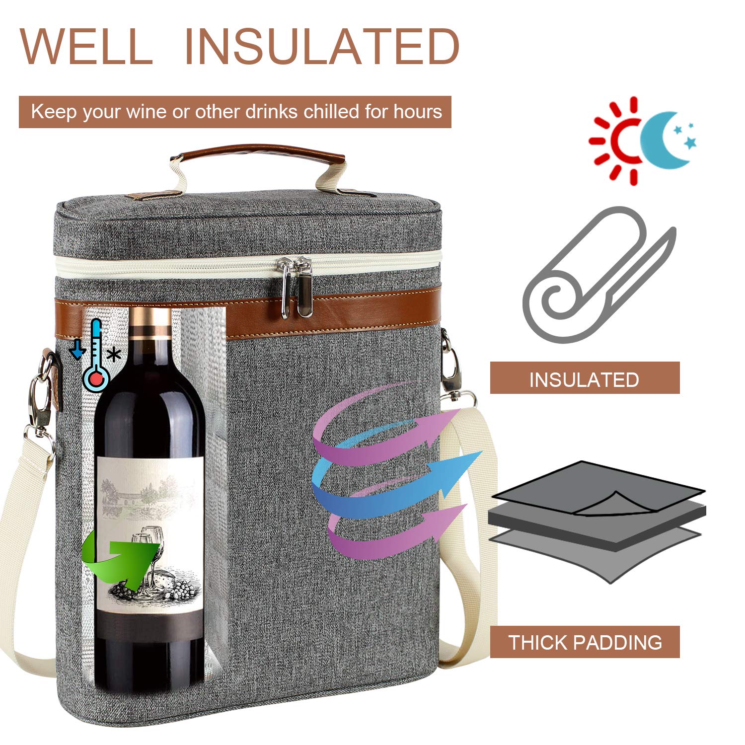 ZORMY wine tote interior with insulated lining to keep bottles cool