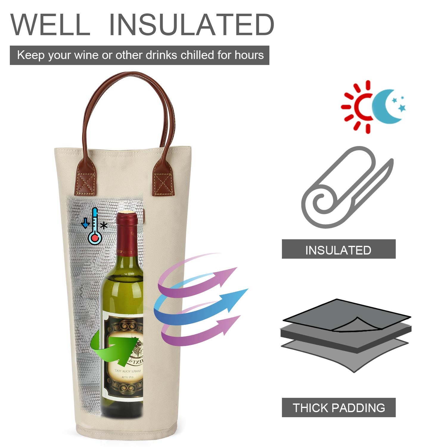 ZORMY wine tote padded interior protects bottle during transport.