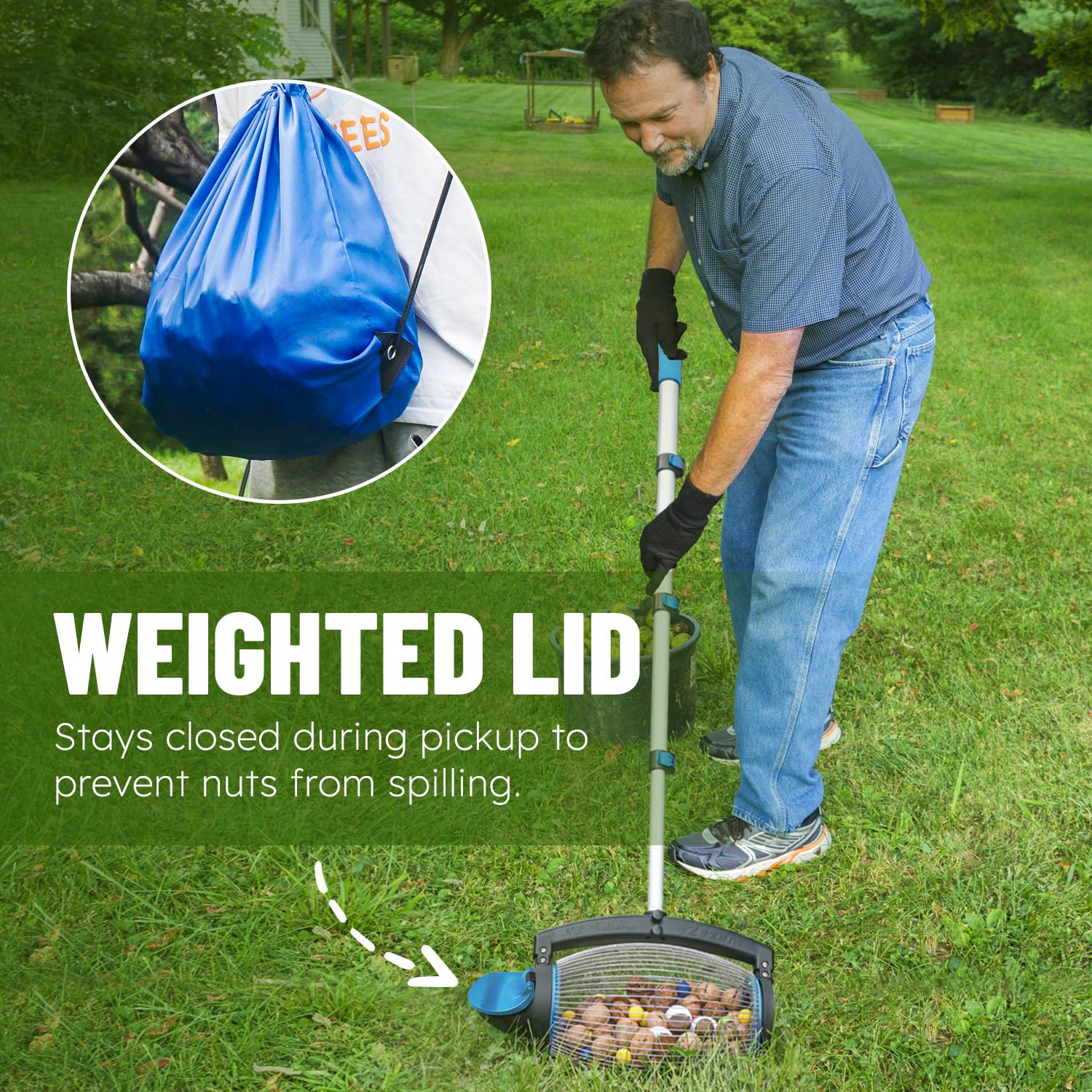 Zozen Nut Gatherer featuring telescopic height adjustment for all user heights