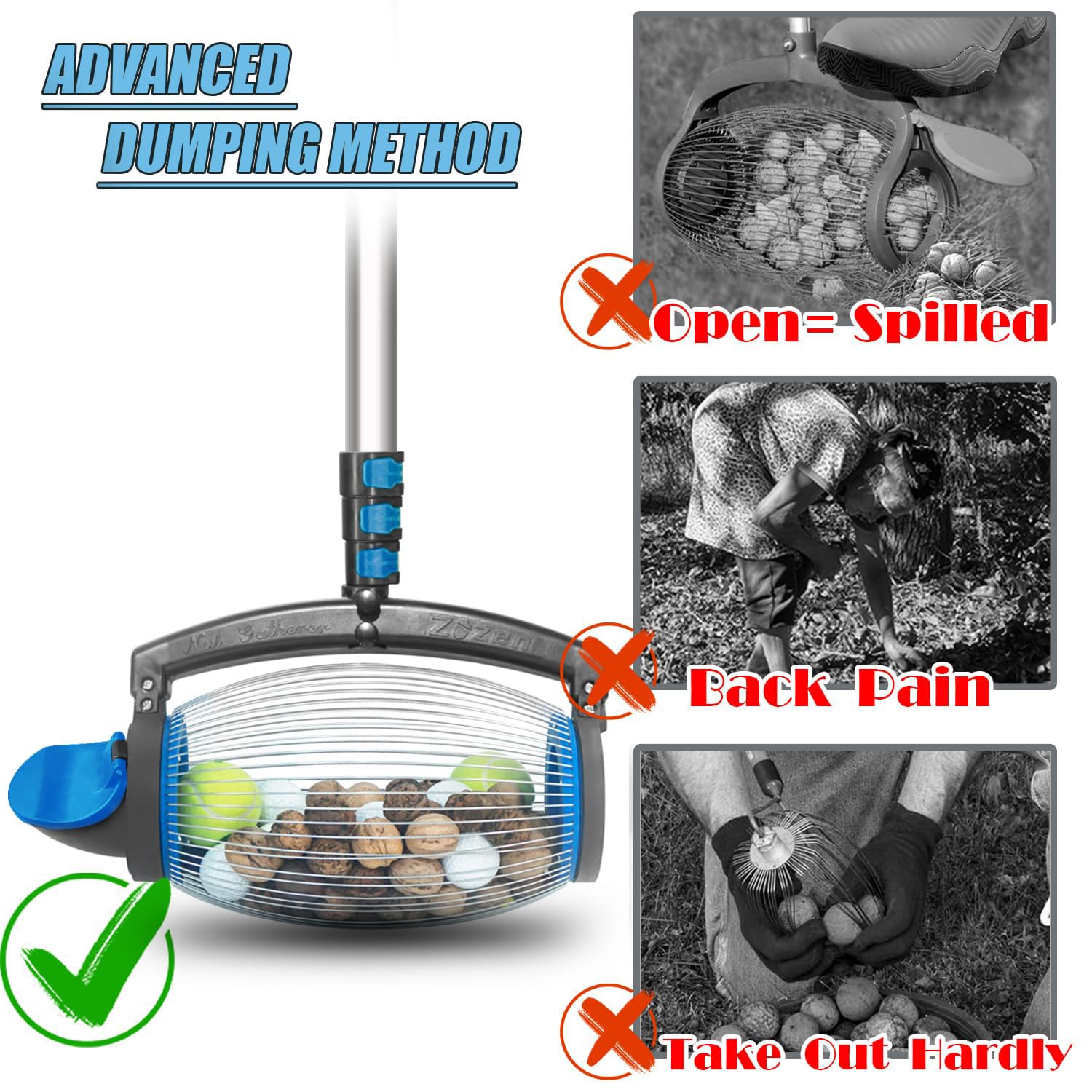Zozen Nut Gatherer patented design shown for efficient pickup and reliable dumping