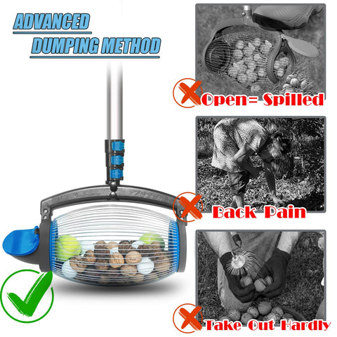 Zozen Nut Gatherer patented design shown for efficient pickup and reliable dumping
