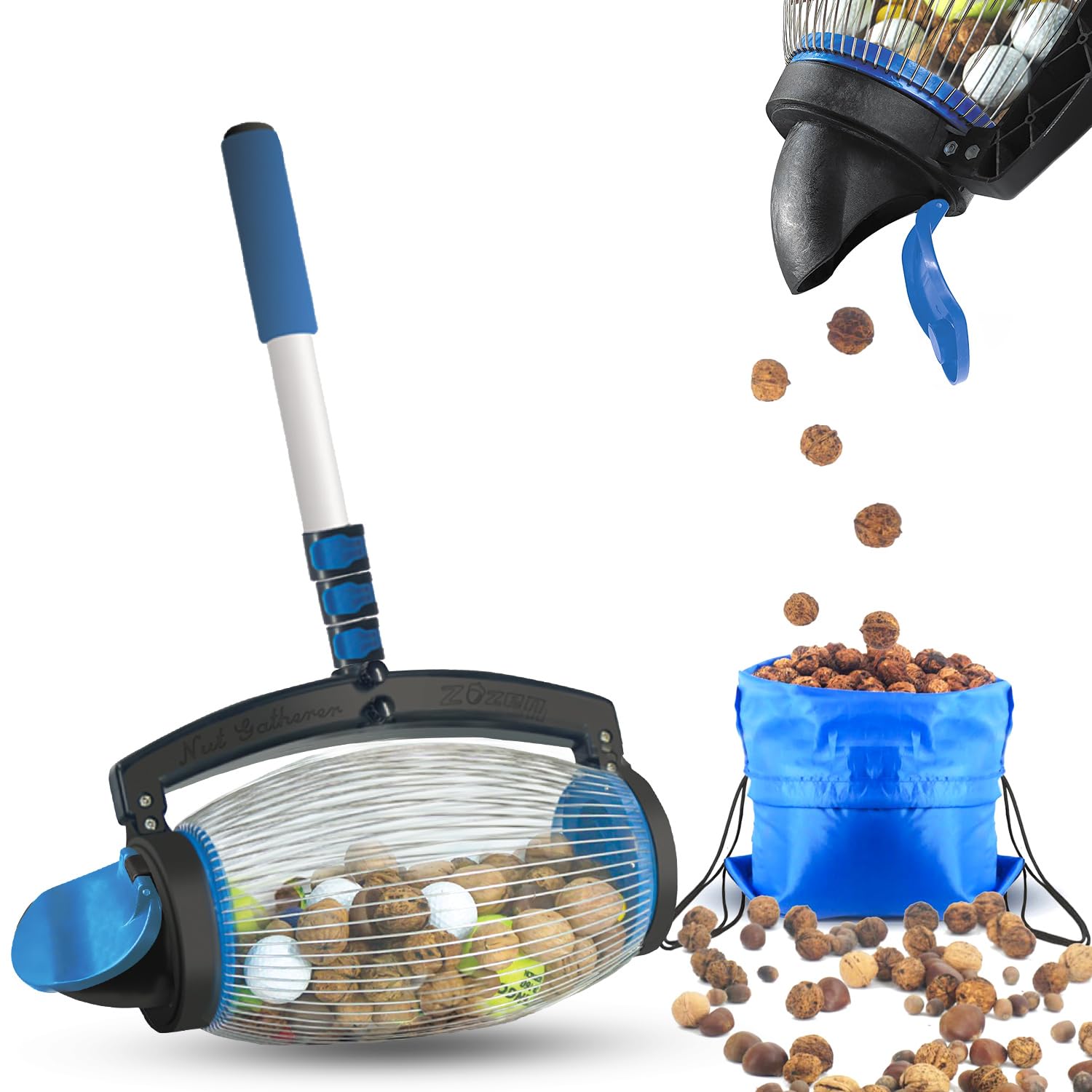 Zozen Nut Gatherer with roller and dump way design for quick, spill-free nut collection