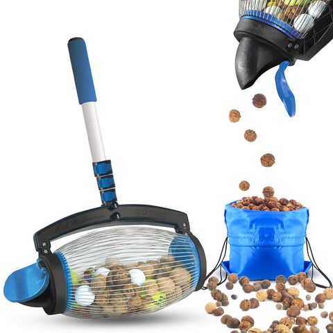 Zozen Nut Gatherer with roller and dump way design for quick, spill-free nut collection