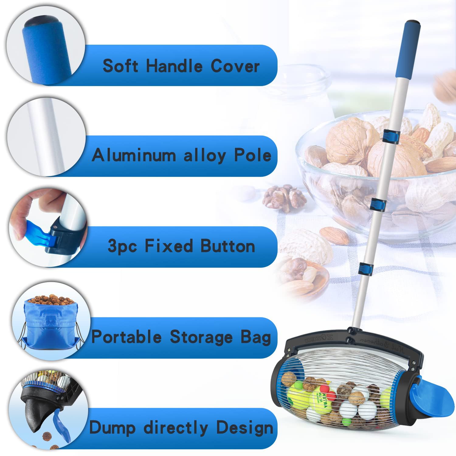 Zozen Nut Gatherer soft handle offers a comfortable grip during harvesting