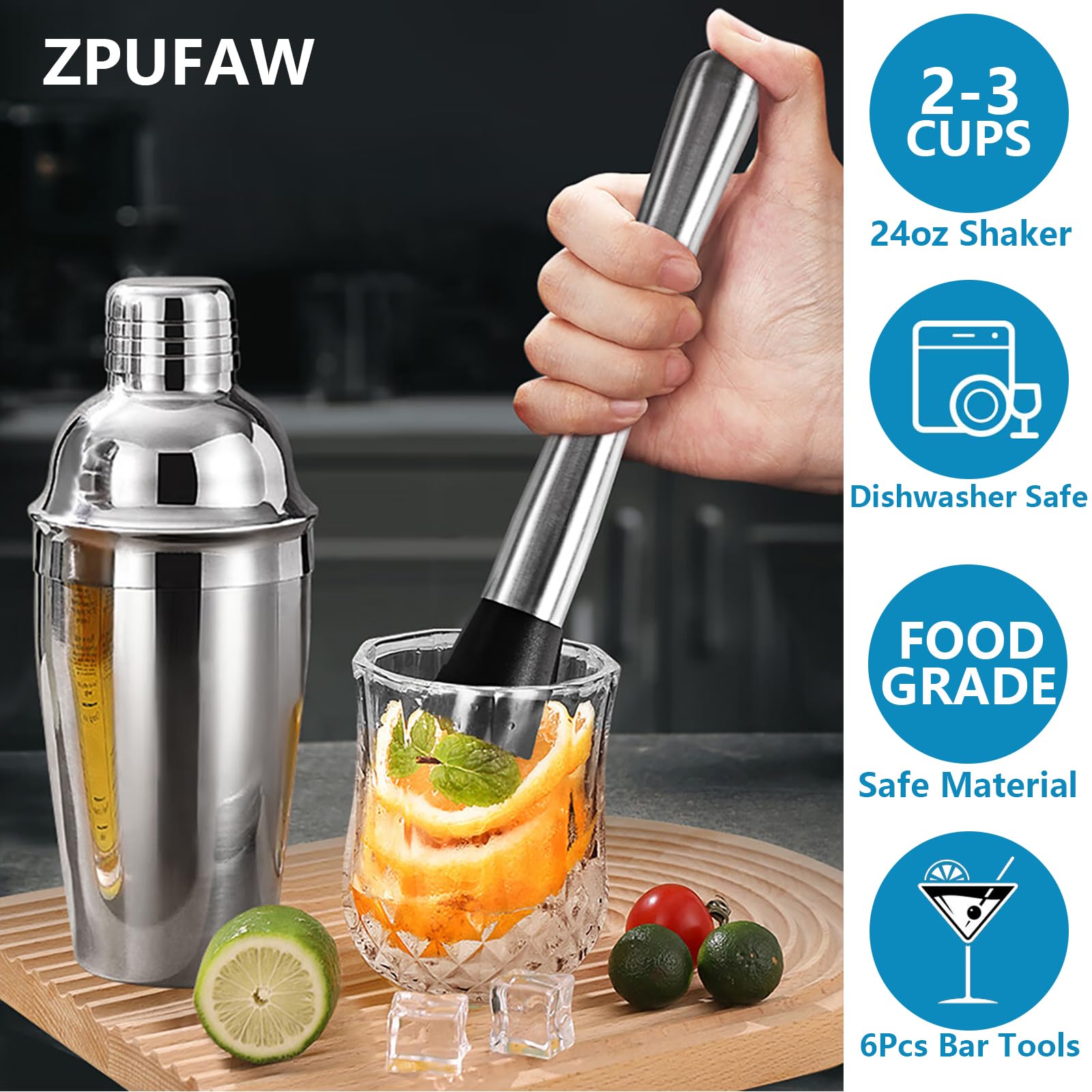 ZPUFAW 24oz shaker with mirror finish for durable, leak-proof bartending