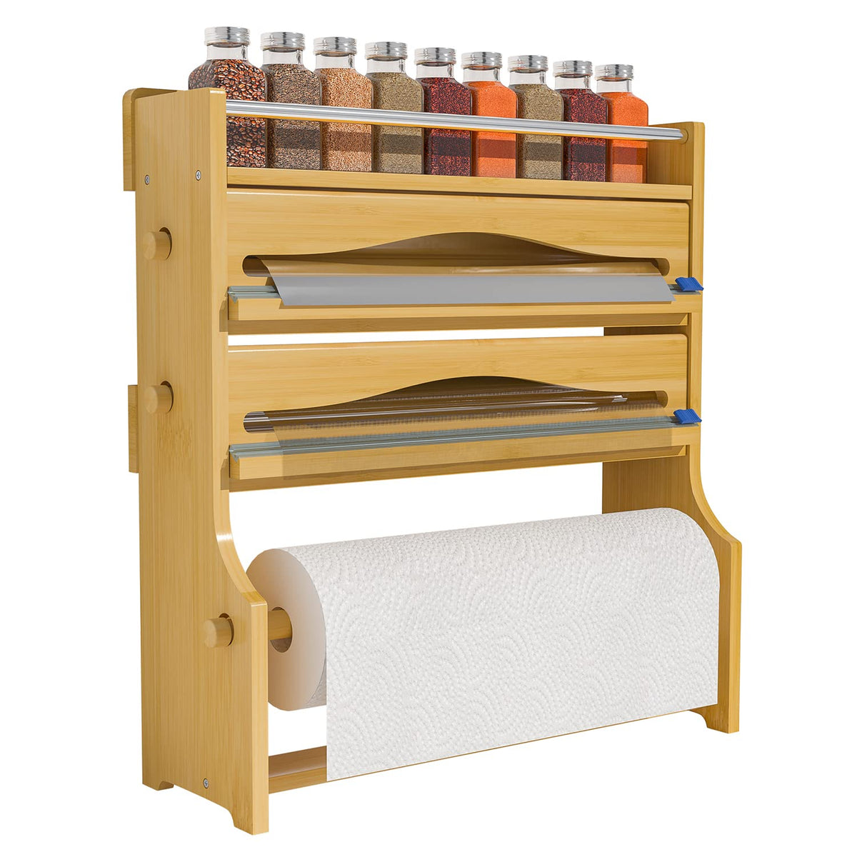 Zri Bamboo foil wrap dispenser on wall with cutter for mess-free kitchen prep