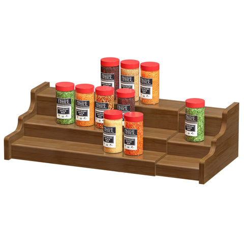 Zri Bamboo spice rack 3-tier wooden organizer in walnut finish for cabinet shelves.