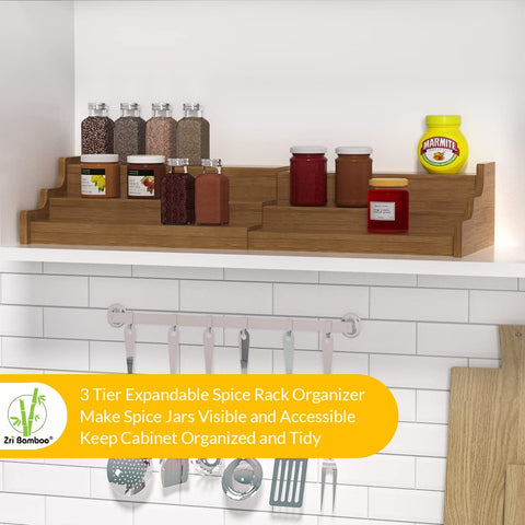 Zri Bamboo expandable spice rack widens from 12.7 to 22.2 inches for flexible storage.