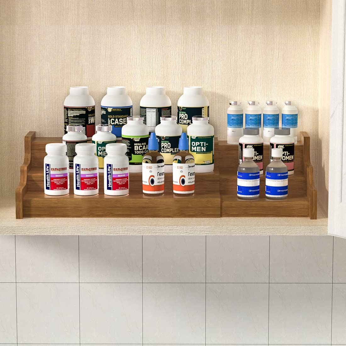 Zri Bamboo walnut-finish rack adds warm tone to pantry while organizing jars.