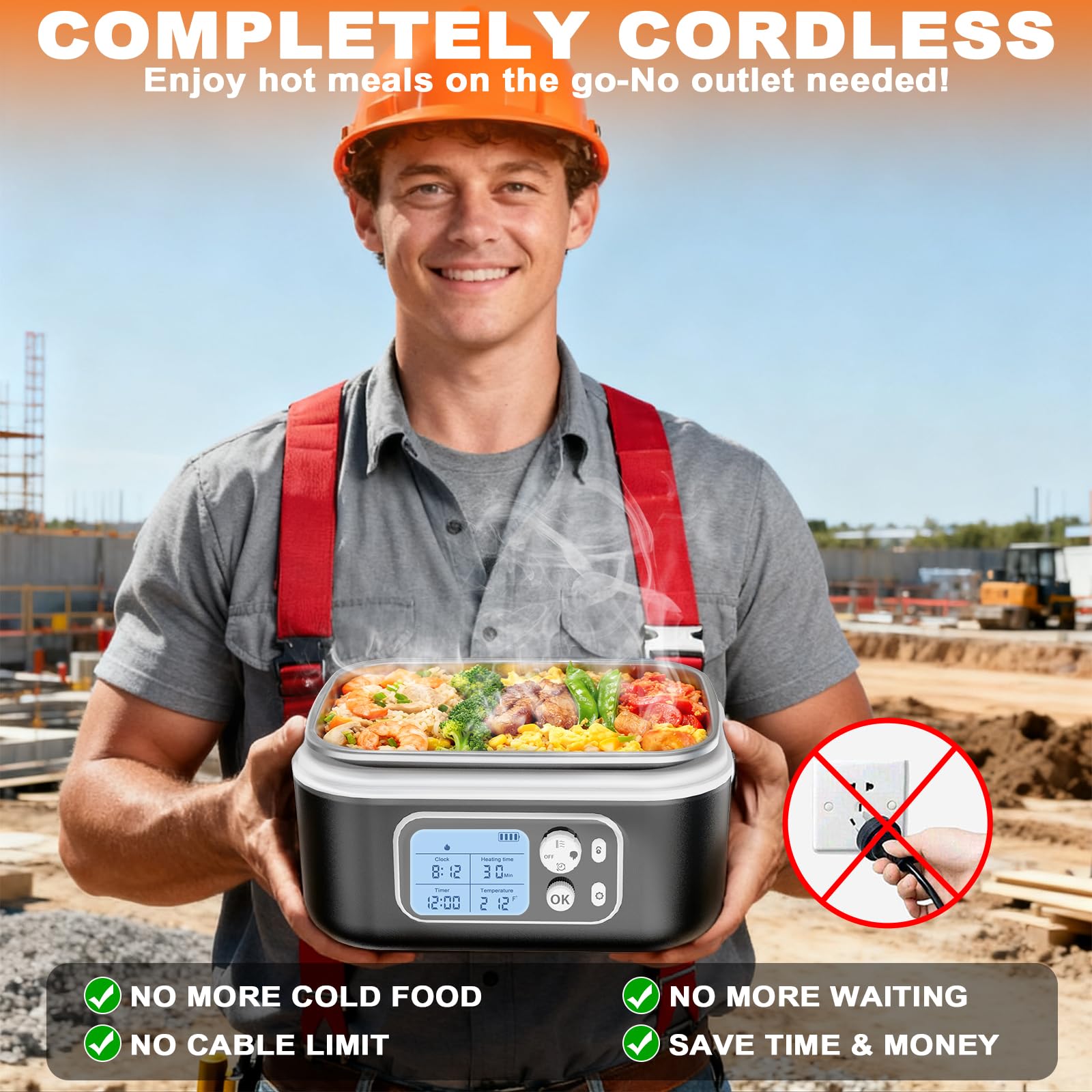 ZRYBOMY lunchbox battery pack visible powering heating without outlets.