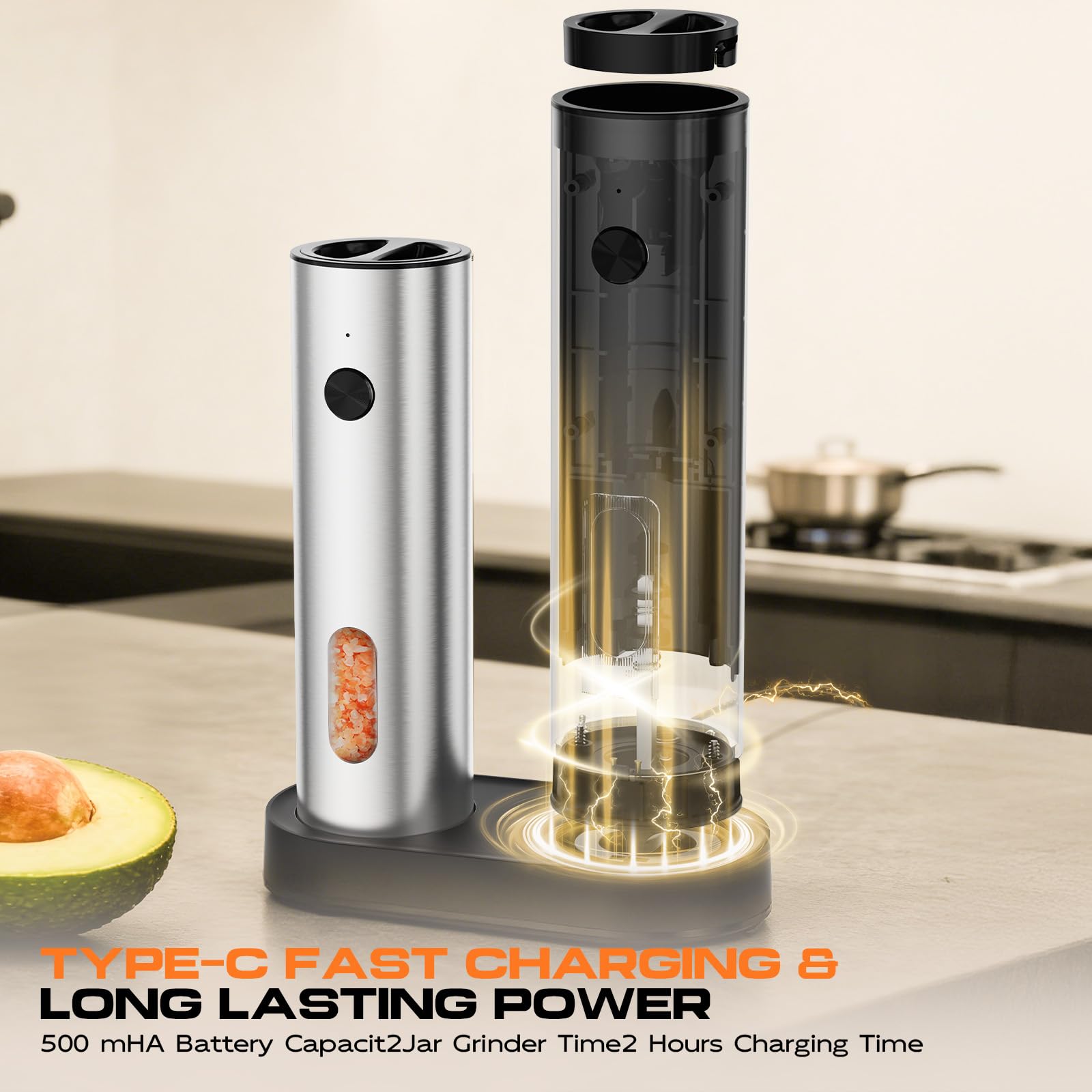 ZRZK electric grinder on a rechargeable base with LED light for precise seasoning.