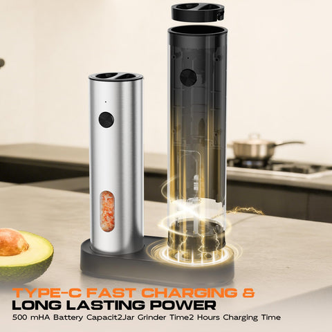 ZRZK electric grinder on a rechargeable base with LED light for precise seasoning.