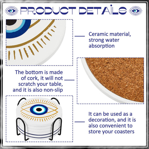 Six designs displayed on table with blue and gold evil eye motifs
