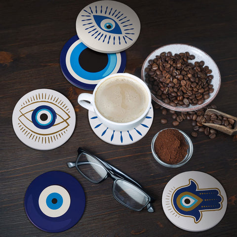 Absorbent ceramic coasters protecting the dining table from moisture