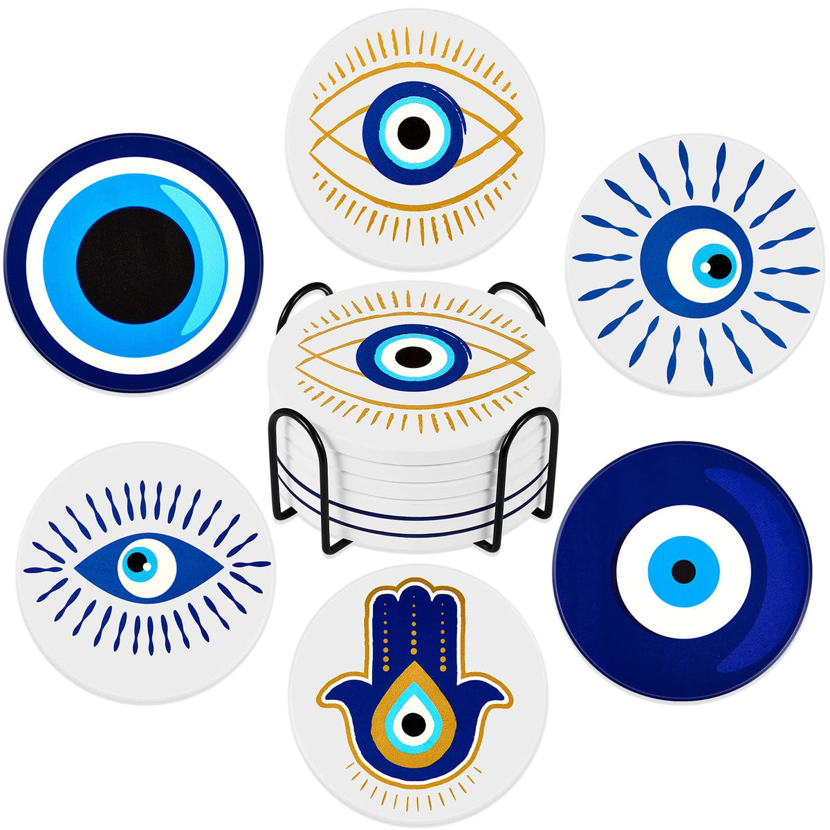 Zubebe evil eye ceramic coasters in blue and gold, six designs, absorbent and stylish