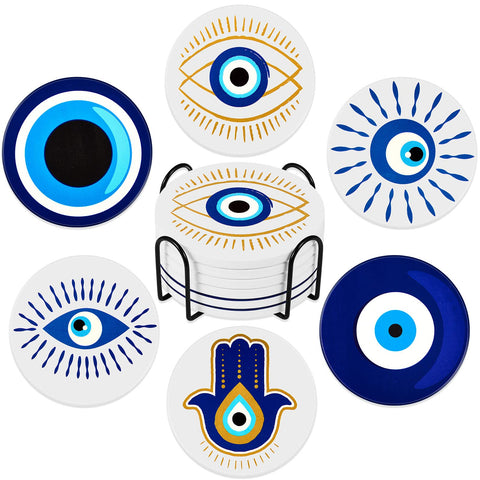 Zubebe evil eye ceramic coasters in blue and gold, six designs, absorbent and stylish