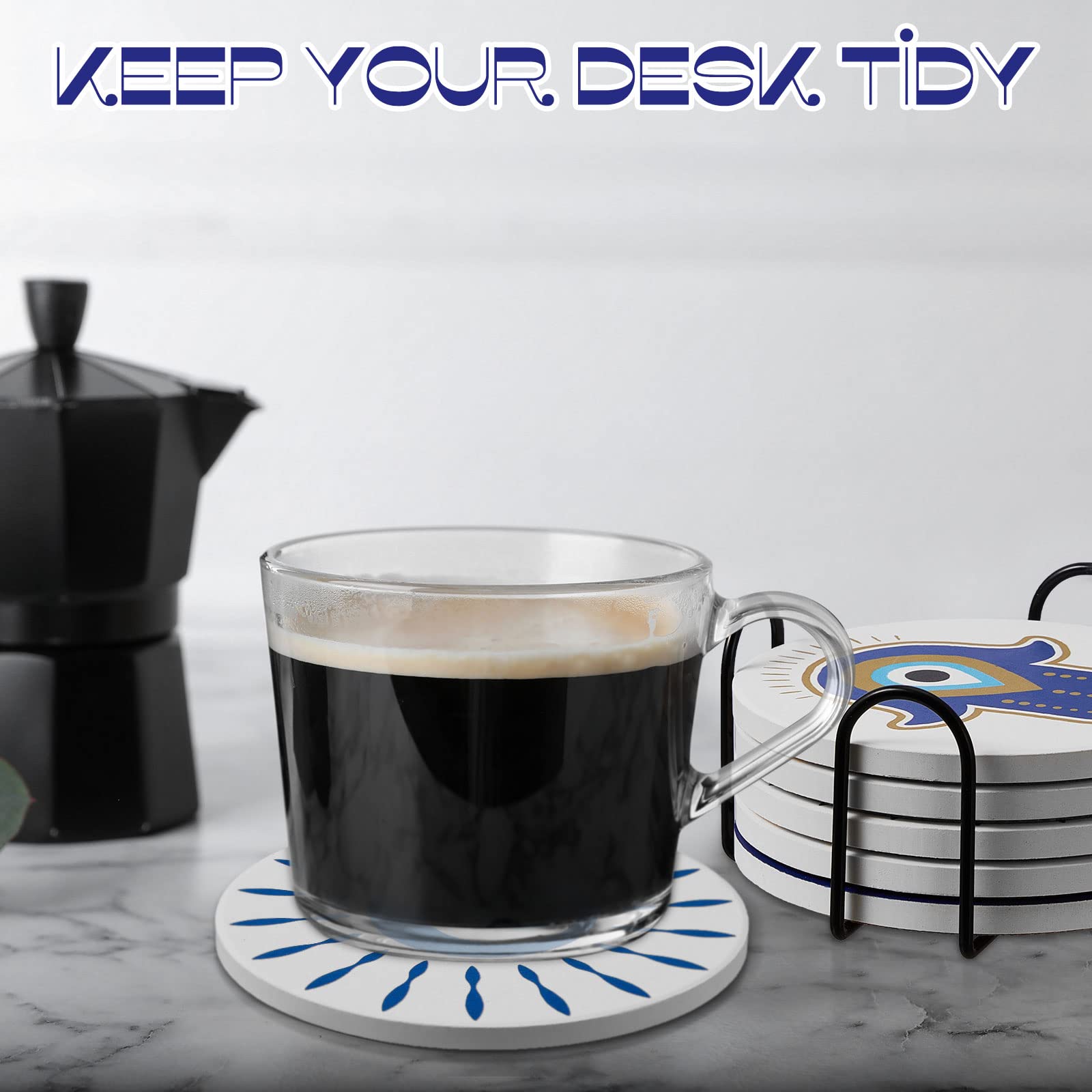 Holder in use on a kitchen counter keeping coasters tidy