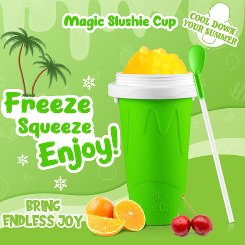 ZUGM Slushie Cup squeeze-action photo shows handheld texture formation.